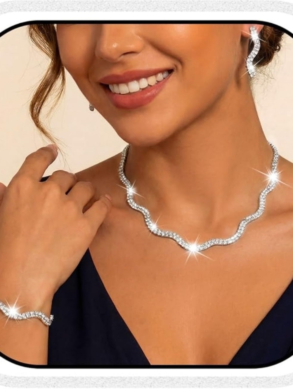 Silver Crystal Wave Necklace and Bracelet Set - Women Jewelry